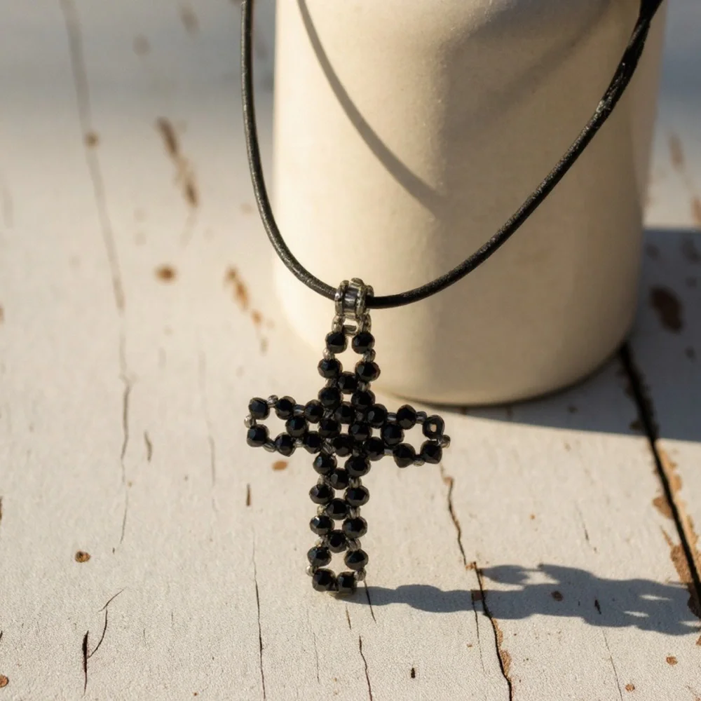 Elegant Hand-Beaded Black Cross Pendant Necklace - Picture 3 of 3